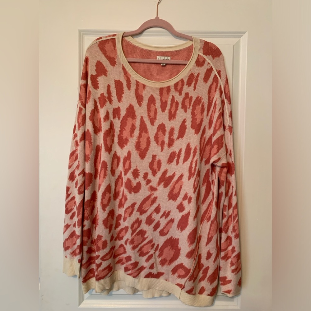 Pink Long Sleeve Crew Neck Leopard Sweater